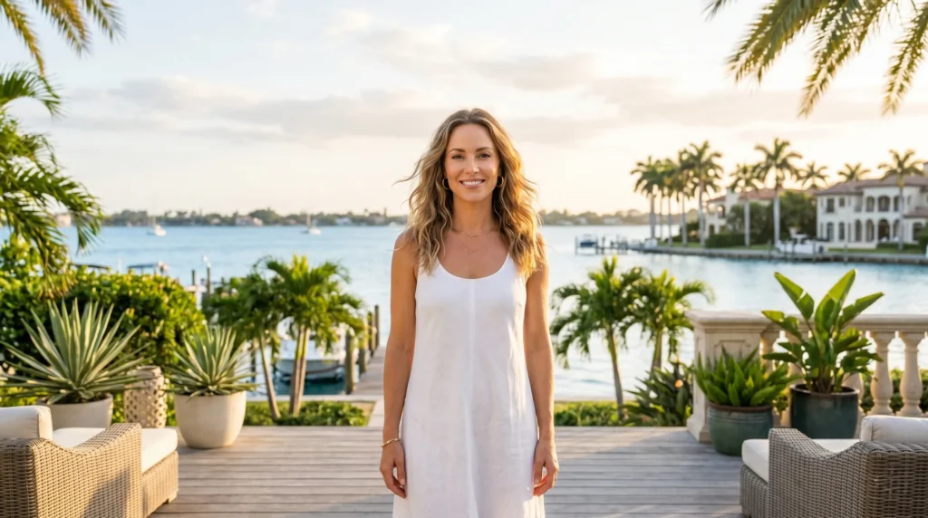 Woman with natural-looking cosmetic results in a bright Sarasota coastal setting with soft sunlight and palm trees